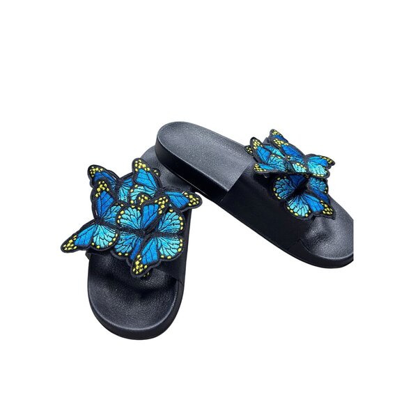 Butterfly Applique Slide Sandals Womens Size 9 Black & Blue - Picture 1 of 8
